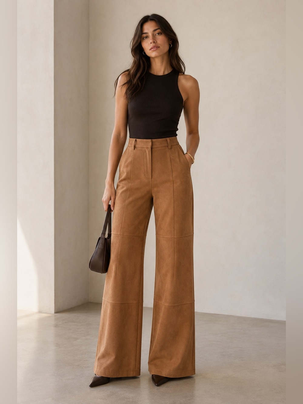 Commense Brown Wide-Leg Pants with High Waist